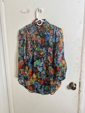 The Kooples Multicolor Watercolor Floral Print Collared Button-Up Silk Blouse